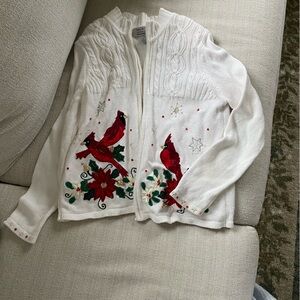 White Christmas Cardigan with Red Cardinals Embroidery